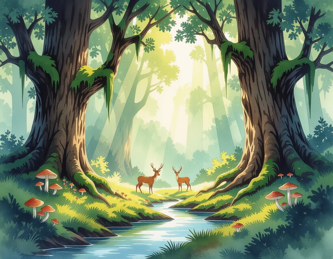 Dreamlike Watercolour Woodland with Ancient Oaks and Sunligh...