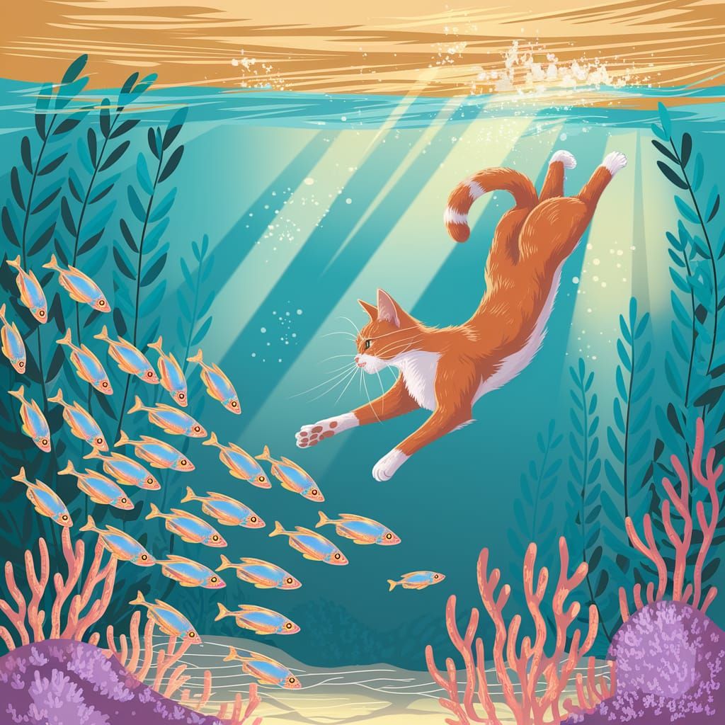 Ginger Cat Dives for Fish in Sunlit Turquoise Water