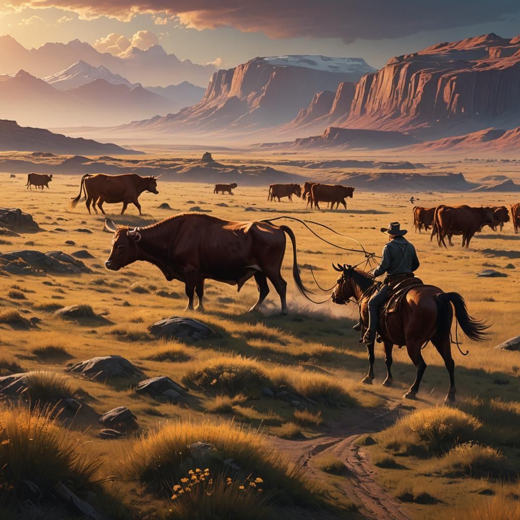 Cowboy Lassoing Cow in Golden Landscape