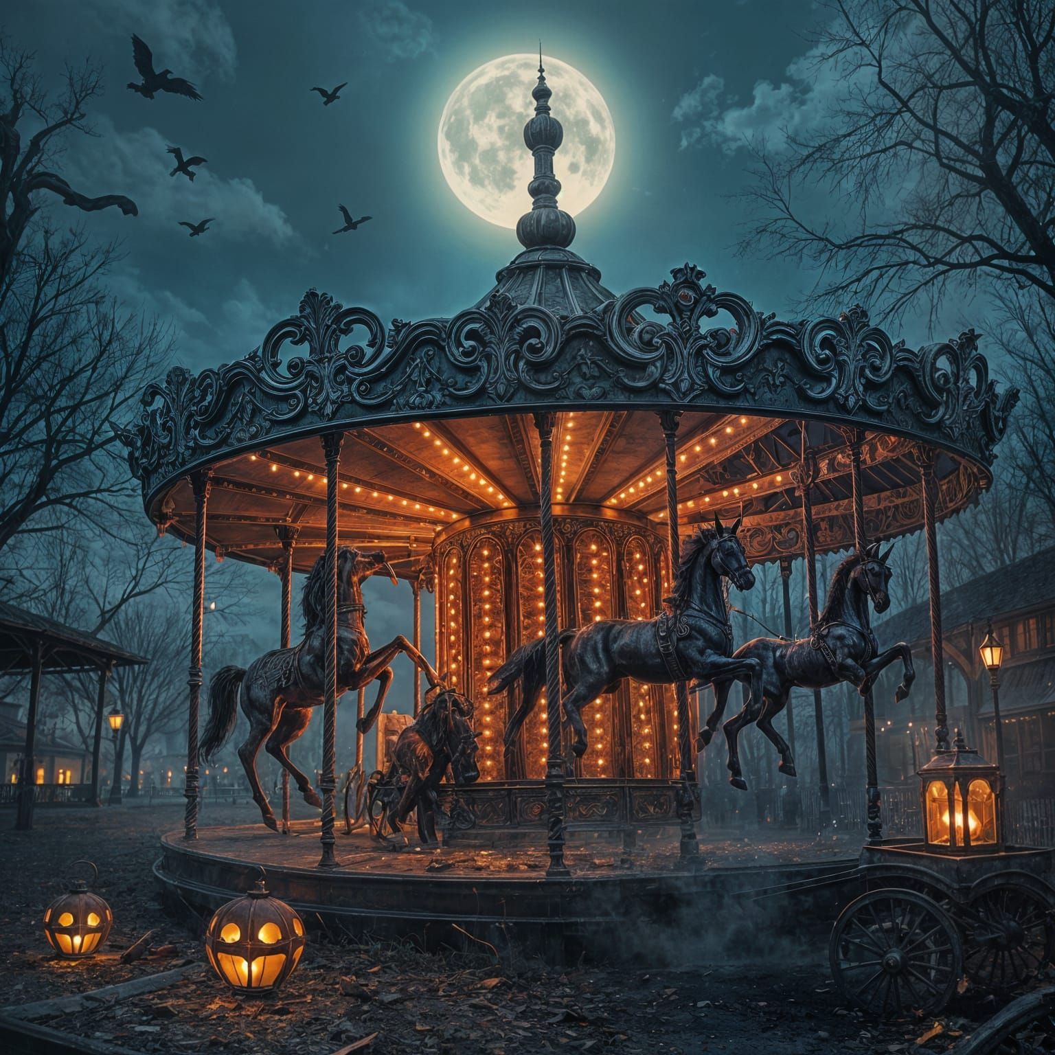 Surreal Carousel of Ghostly Wonder in Dark Magic Night