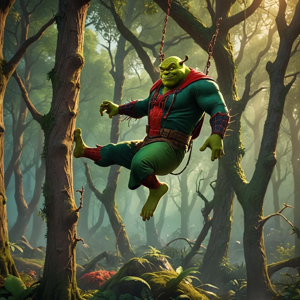 Shrek as Spiderman in Mystical Forest