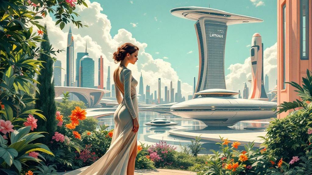 Utopian Future: Woman in Frutiger Aero Cityscape