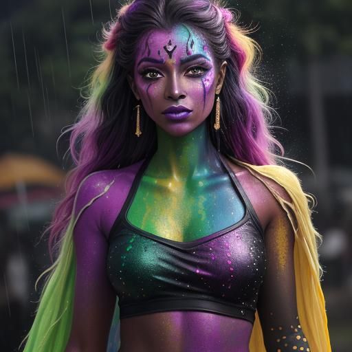 Woman with Intricate Body Paint in Rain, Digital Art