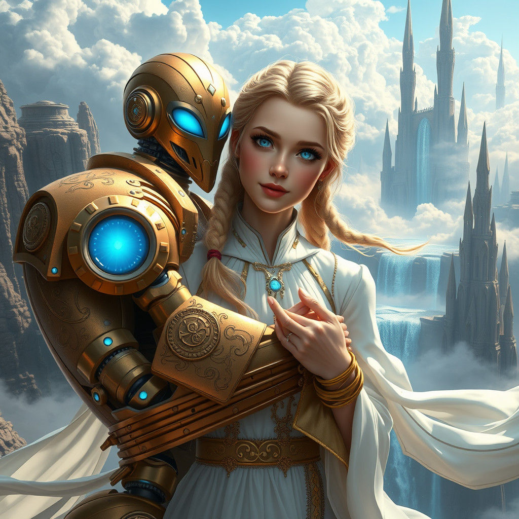 Blond Woman Embraces Robot in Fantasy Landscape
