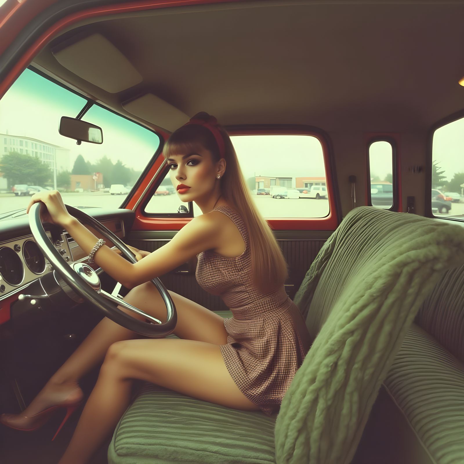 Retro-Style Woman Drives Vintage Pickup Truck