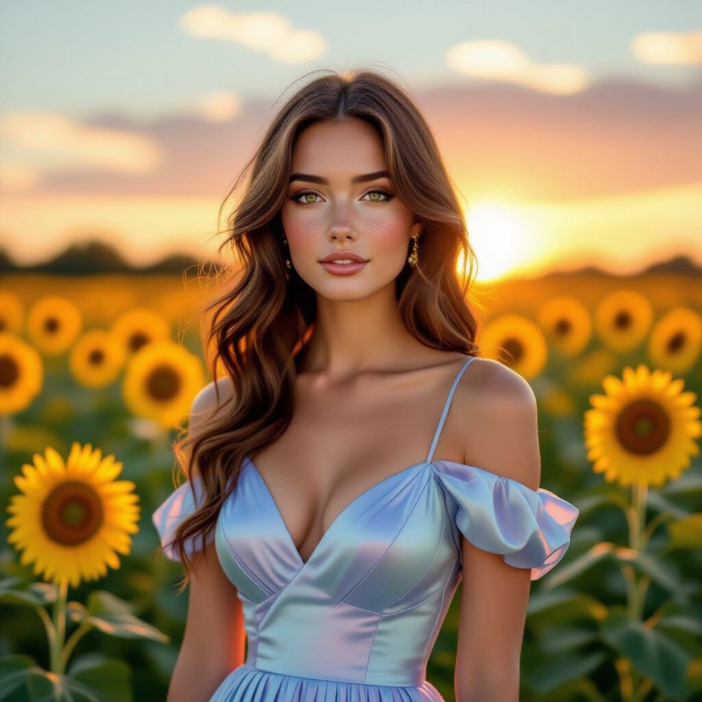 Woman in Pastel Dress in Sunflower Field at Sunset