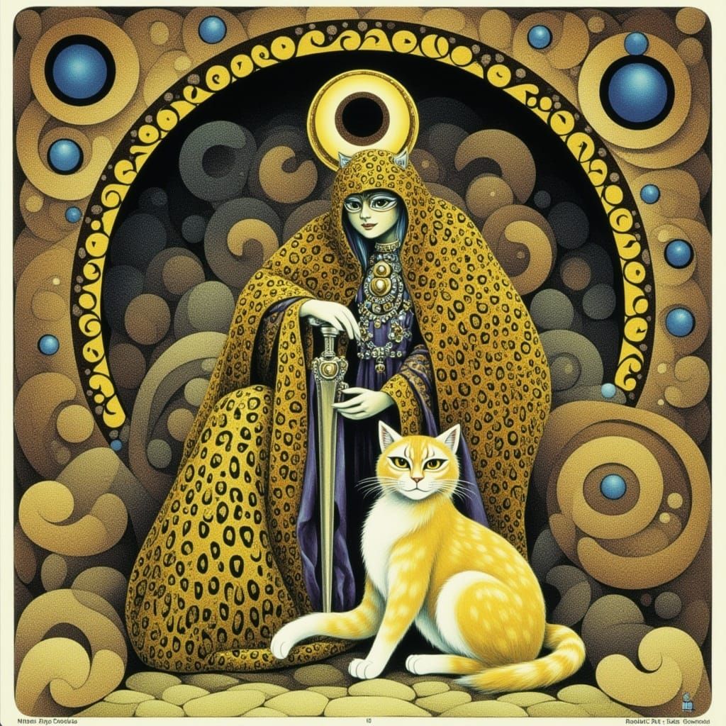 Mystical Feline Tarot Card in Art Nouveau Style