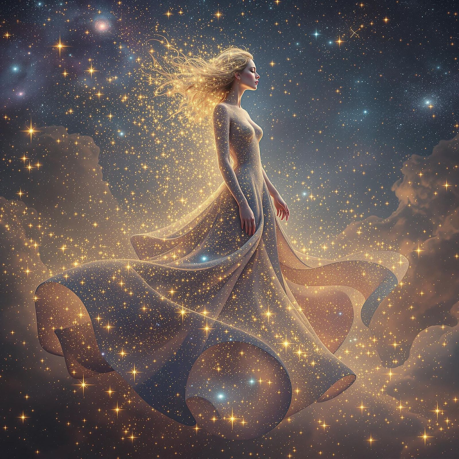 Celestial Star Woman in Ethereal Cosmic Landscape