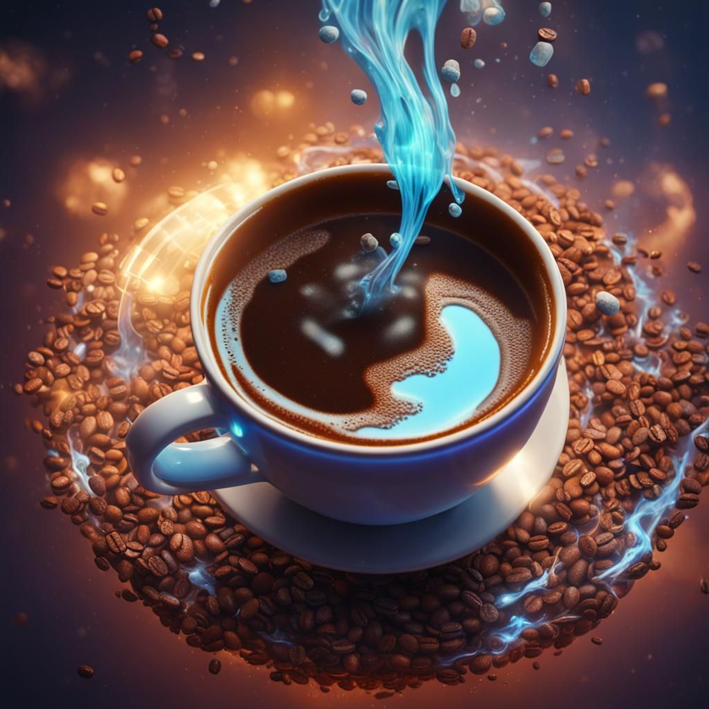 Floating Hologram Coffee Cup: Detailed Digital Art
