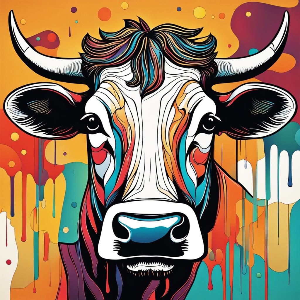 Cow Drinks Milk in Abstract Art Style