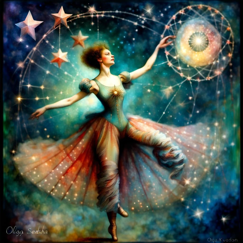 Cosmic Circus Juggler Collage with Sparkling Stars