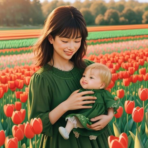 Woman and Child in Tulip Field: Impressionistic Style