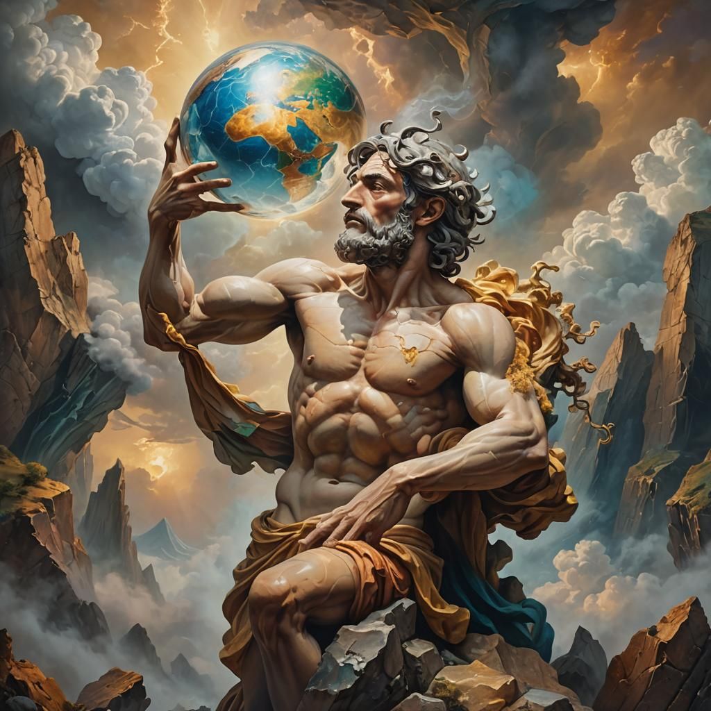 Atlas in Dreamlike Landscape as Surrealist Oil Painting