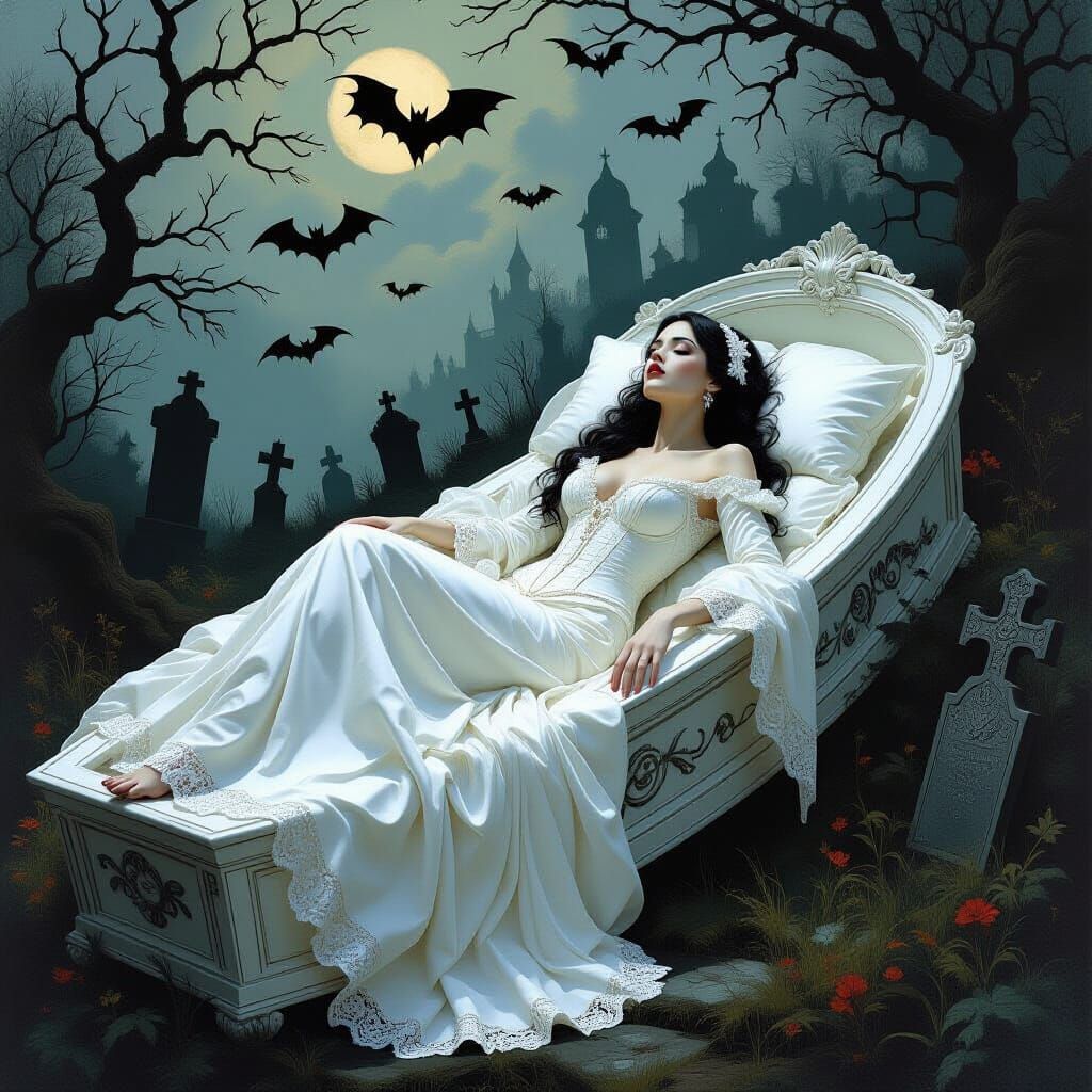 Gothic Lady in White Coffin Illustration