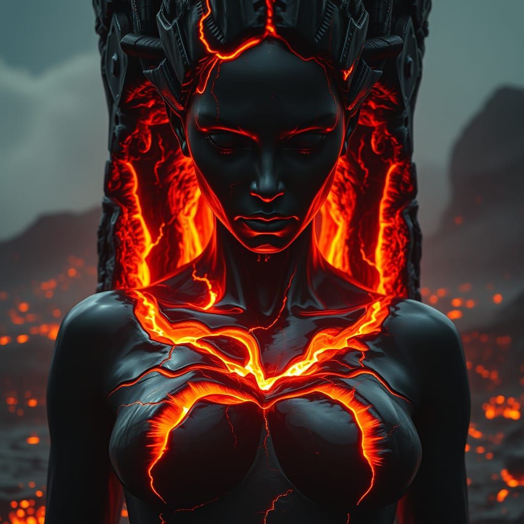 Obsidian Woman with Magma Veins in Biomechanical Style