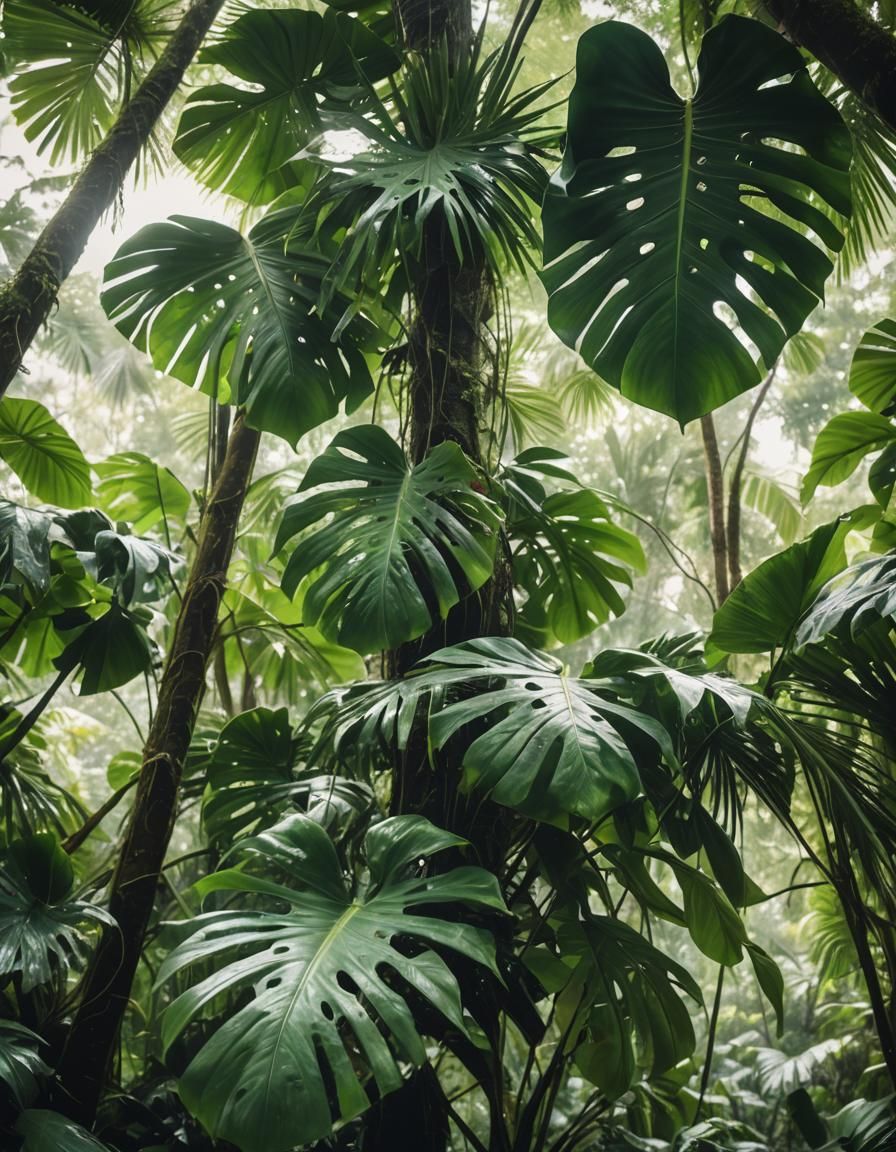 Lush Rainforest: Low-Angle Photography of Monstera