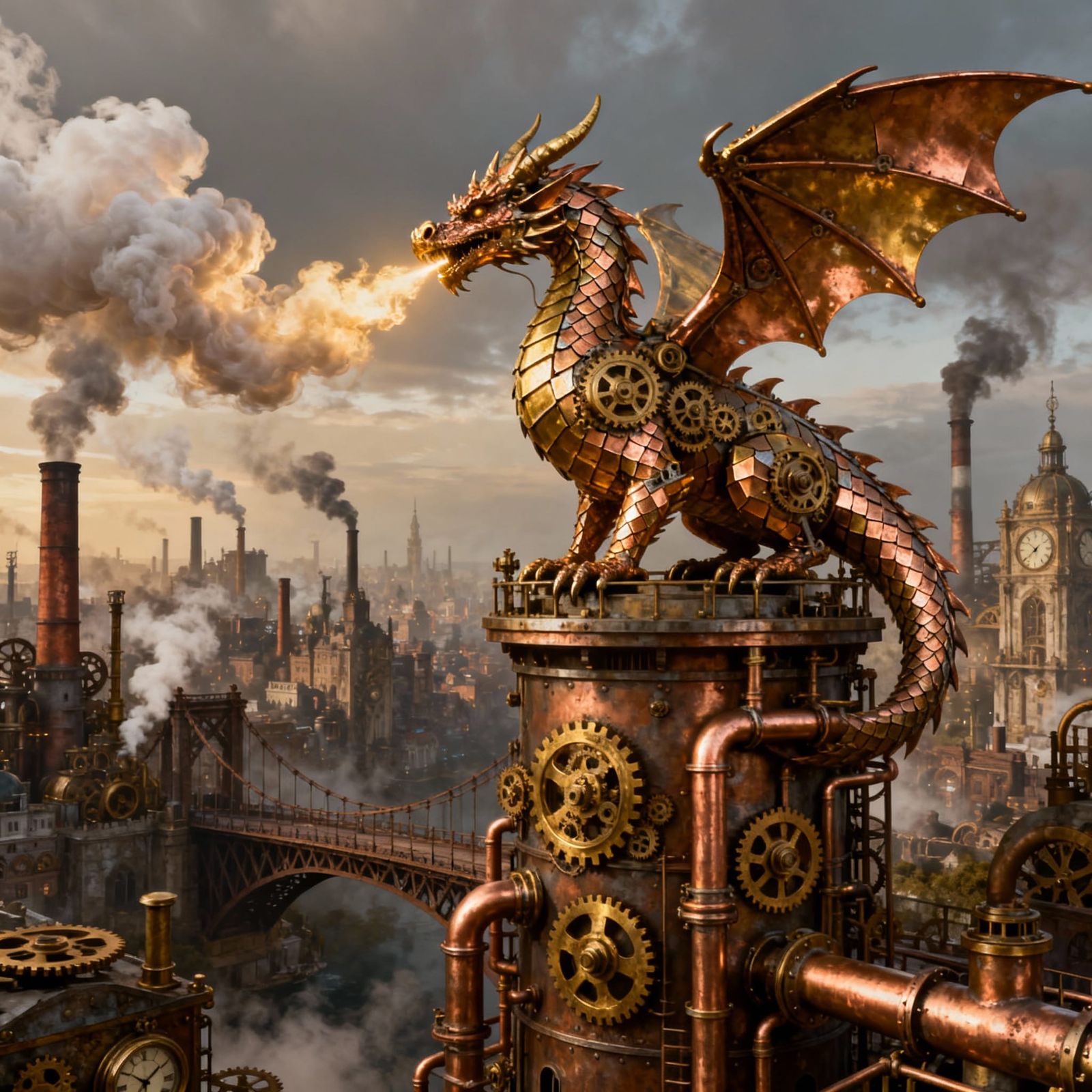 Steampunk Dragon Perched on Tower Above City