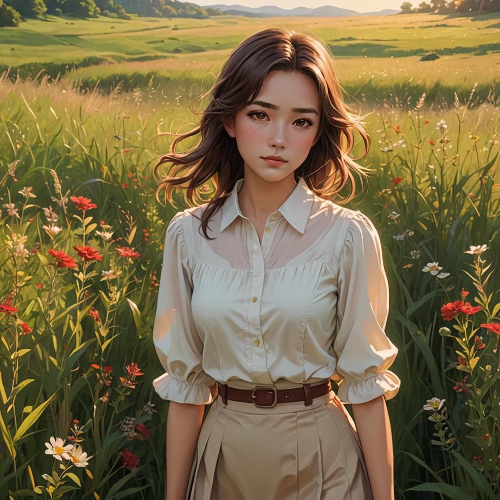 Anime Girl in Lush Field: Digital Matte Painting