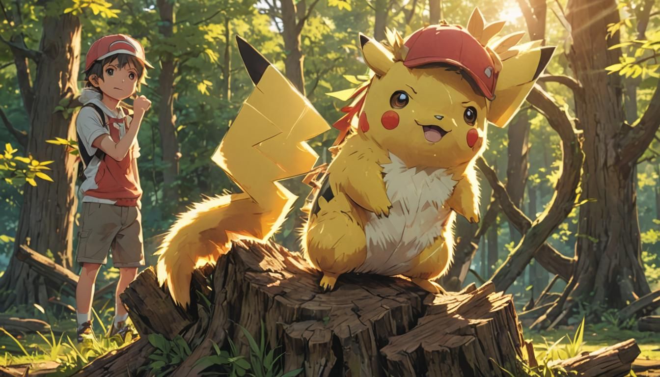 Realistic Pikachu in Sunset, Anime Style