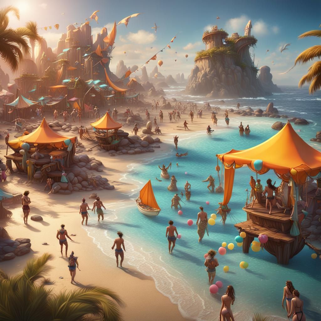 Detailed Beach Party Fantasy Concept Art