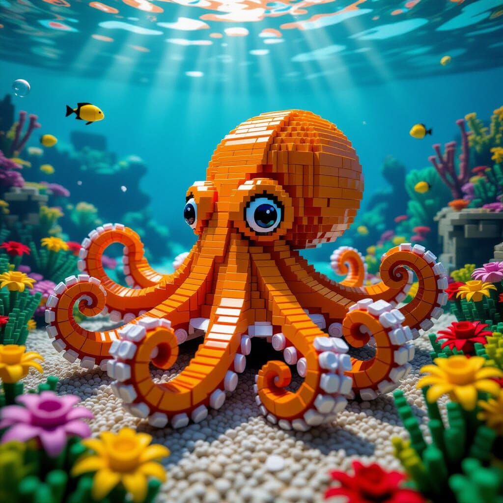 Lego Octopus in Underwater Garden: Hyperrealistic Art