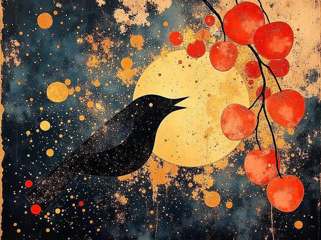 Cubist Bird Amidst Cherry Blossom Fireworks