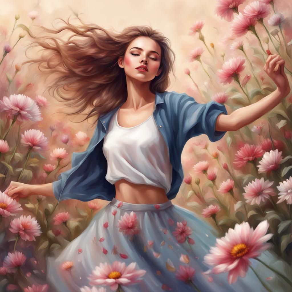 Girl Dancing Among Flowers in Realistic Style