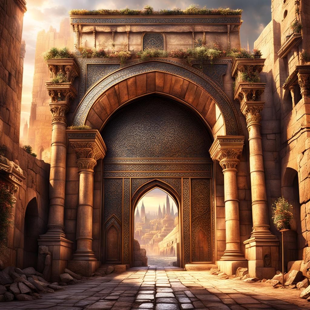 Detailed City Gate with Persian and Greco-Roman Design