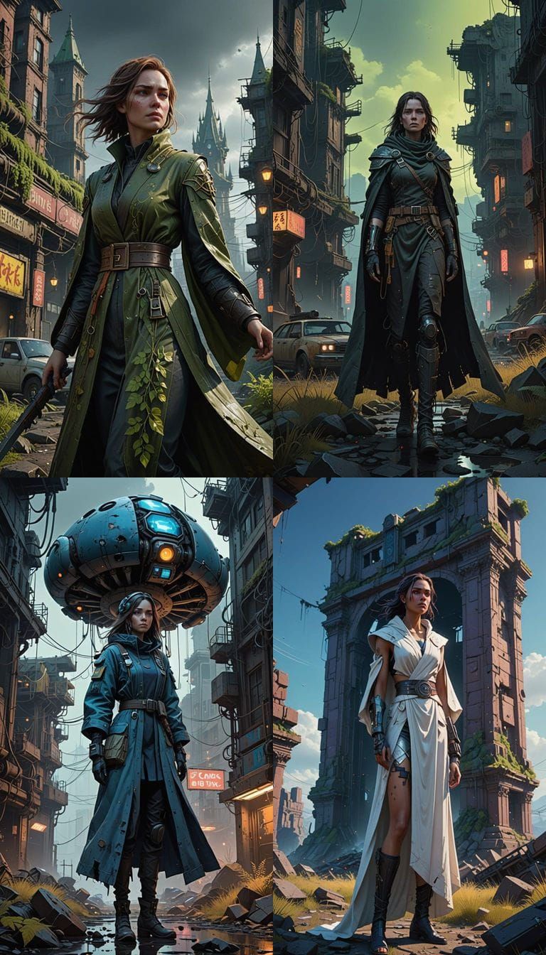 A female figure, draped in flowing, tattered robes, posing h...