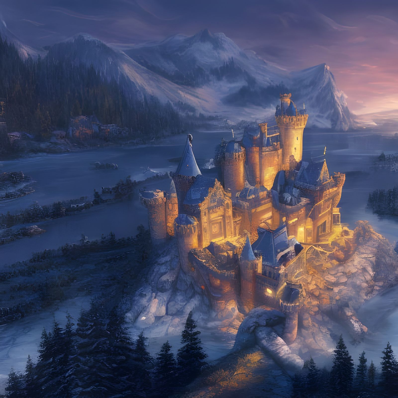 Majestic Castle on Mountain Peak at Golden Hour