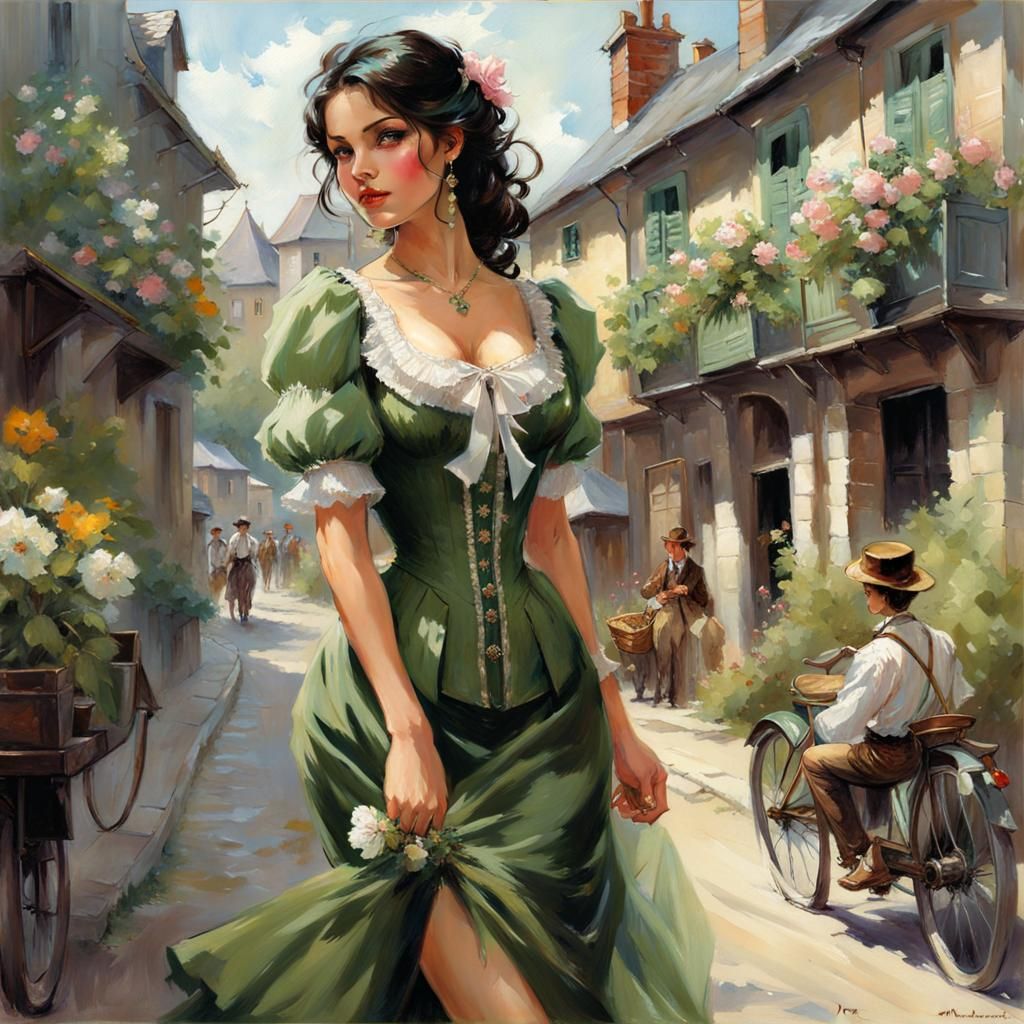 Victorian Woman in Green Dress Walking