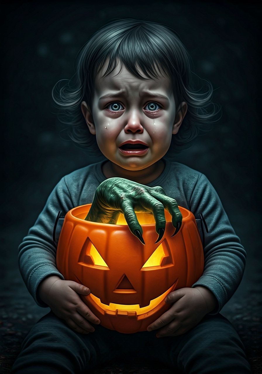 Toddler with Pumpkin Pail and Grotesque Hand