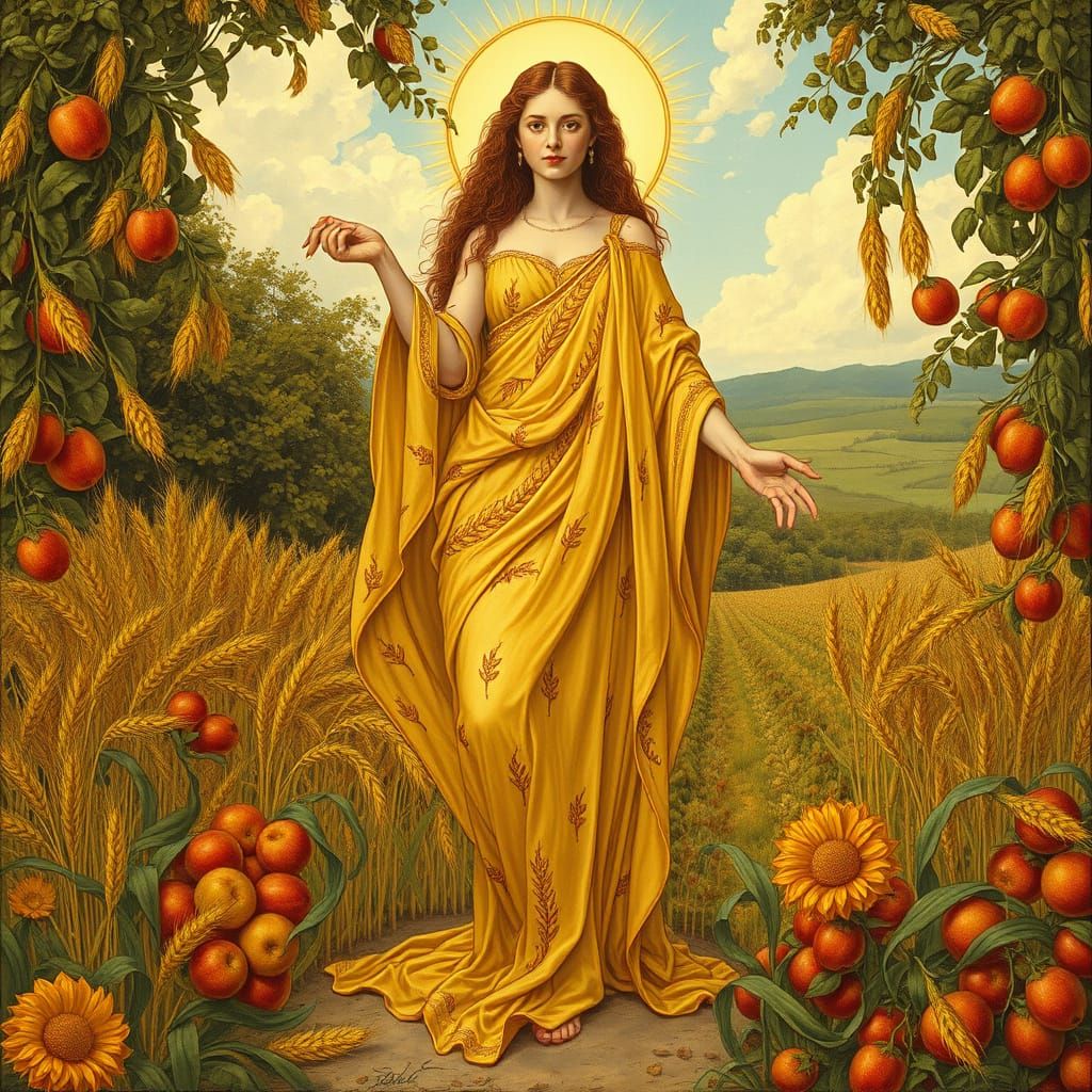 Golden Goddess of Abundance in Lush Harvest Landscape