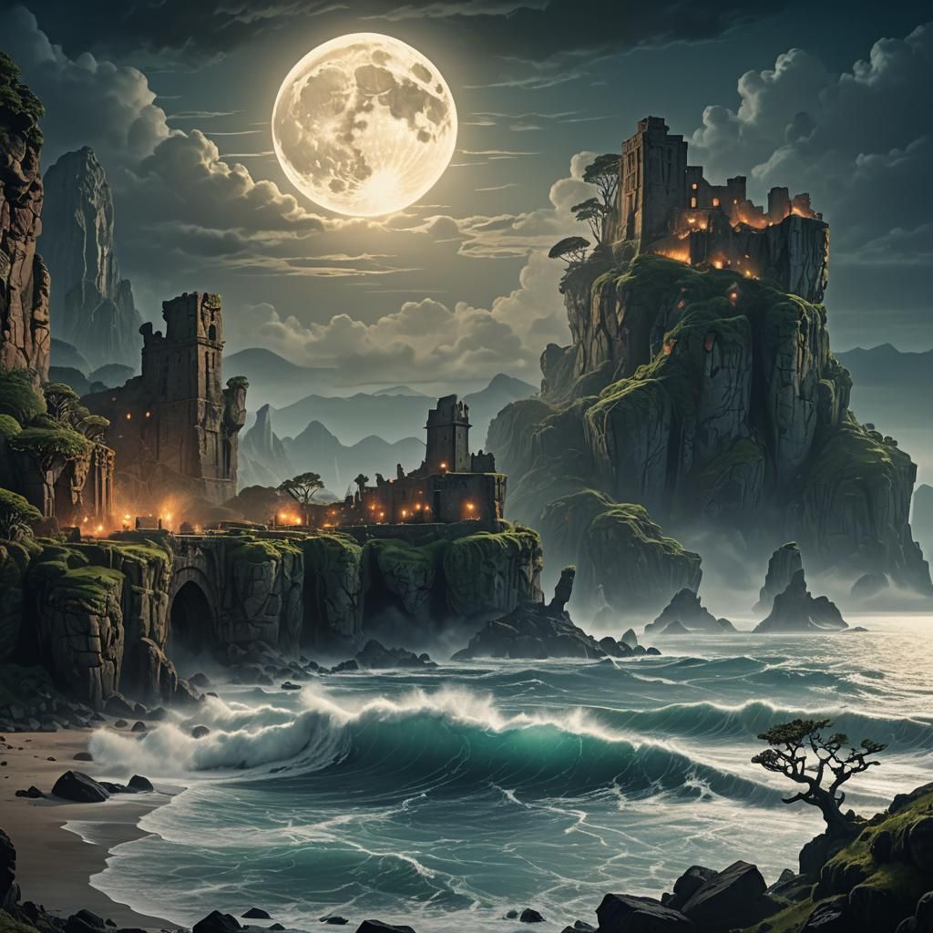 Misty Fantasy Coastline with Ancient Ruins