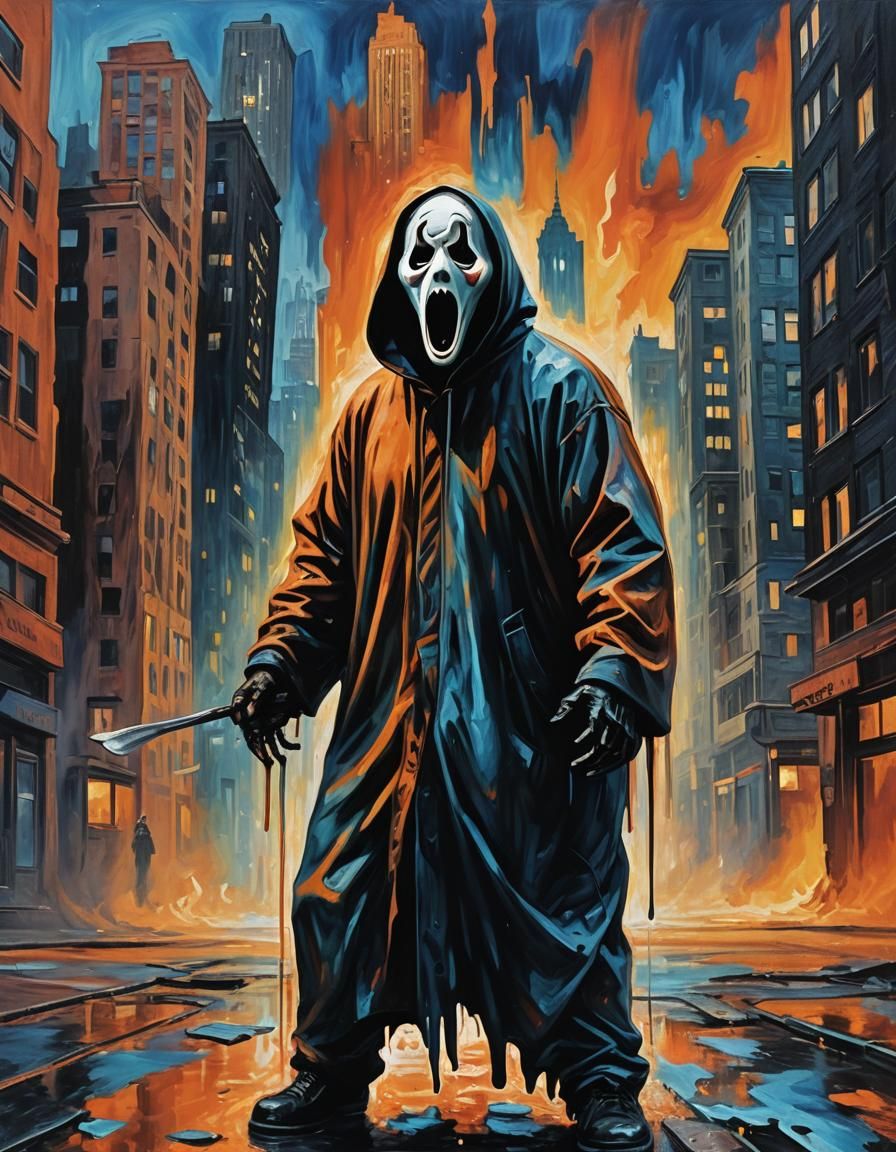 Ghostface in Expressionist Horror Cityscape