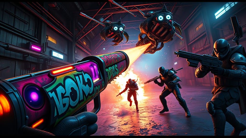 Post-Apocalyptic FPS Scene with Cel-Shaded Neon Weapon