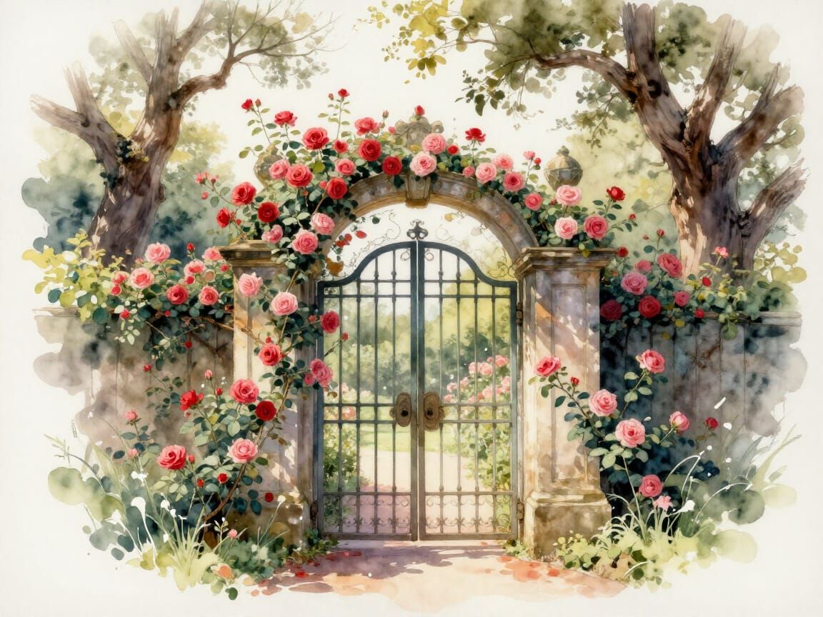 Arched Garden Gate with Roses in Watercolor Style