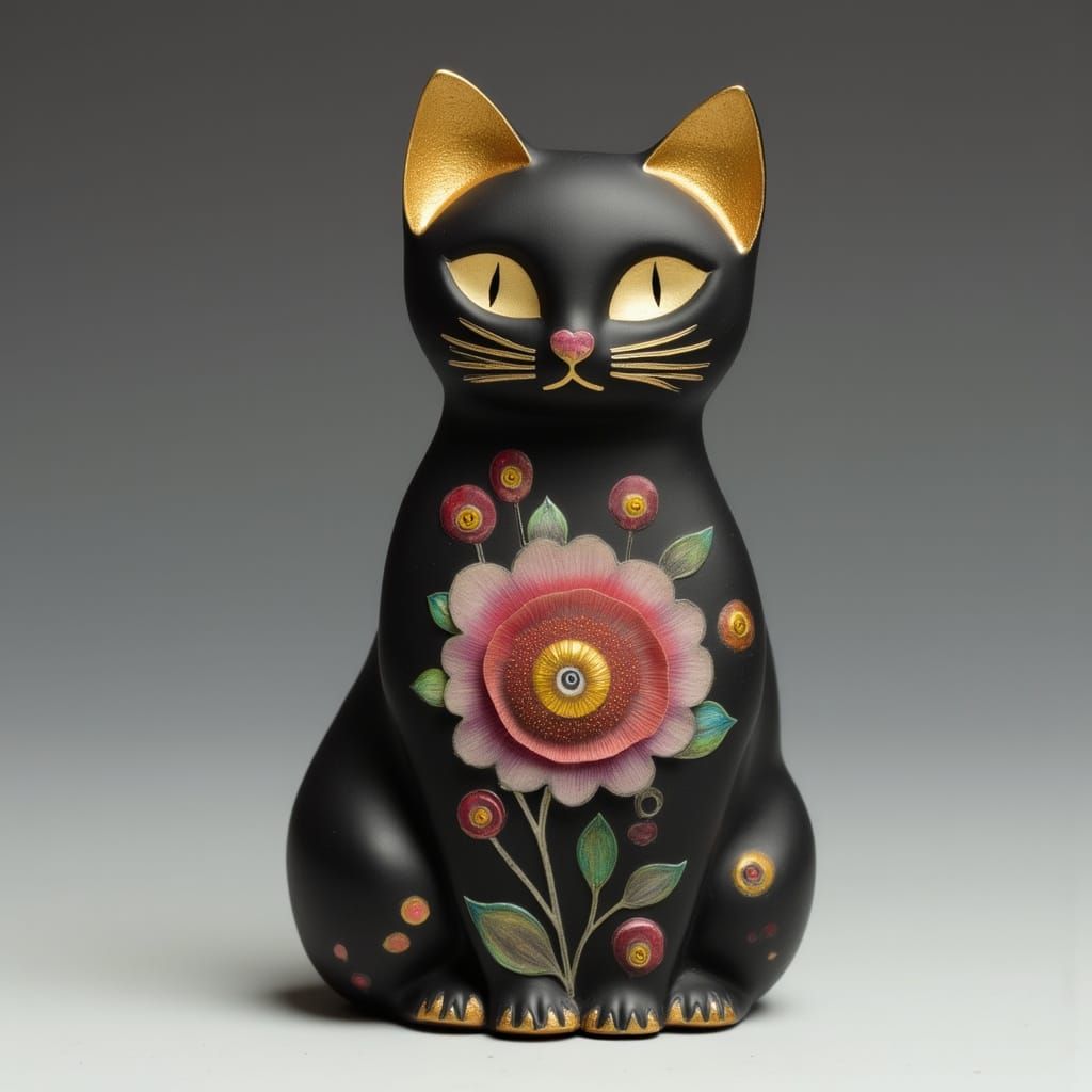 Whimsical Moriage Pottery Cat Figurine with Gilt Gold Accent...
