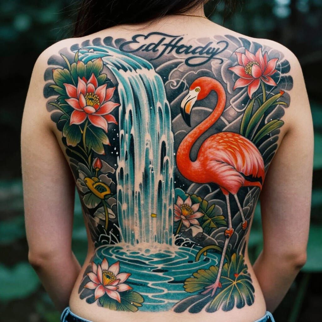 Vibrant Tattoo Design: Waterfall, Flamingo, and Lilies