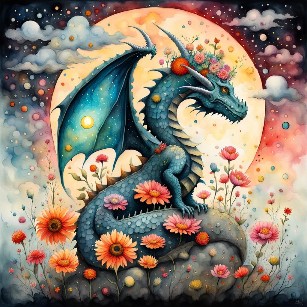 Floral Dragon in Luminous Watercolor Style