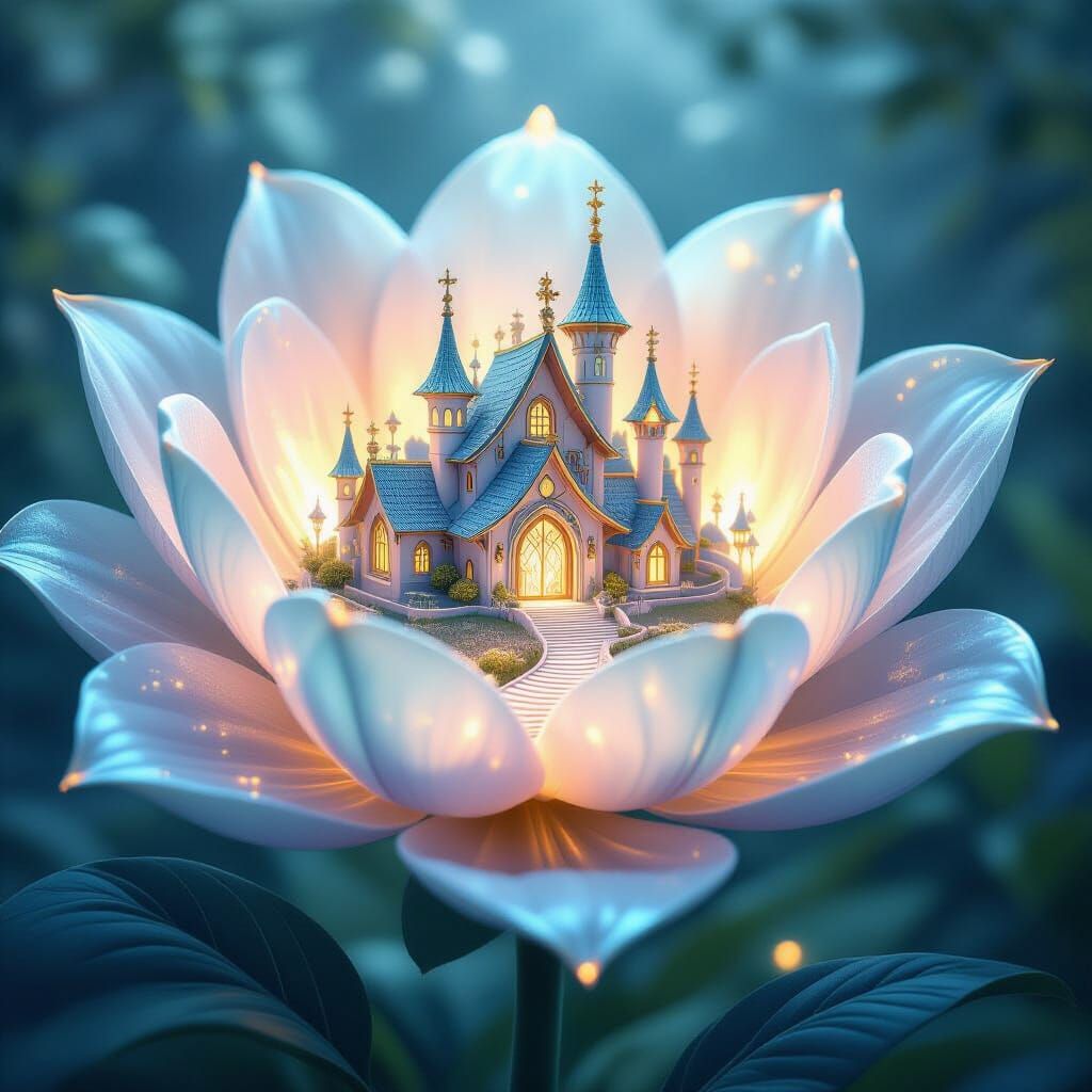 Fairy City Inside Giant Glowing Flower, Digital Matte Painti...