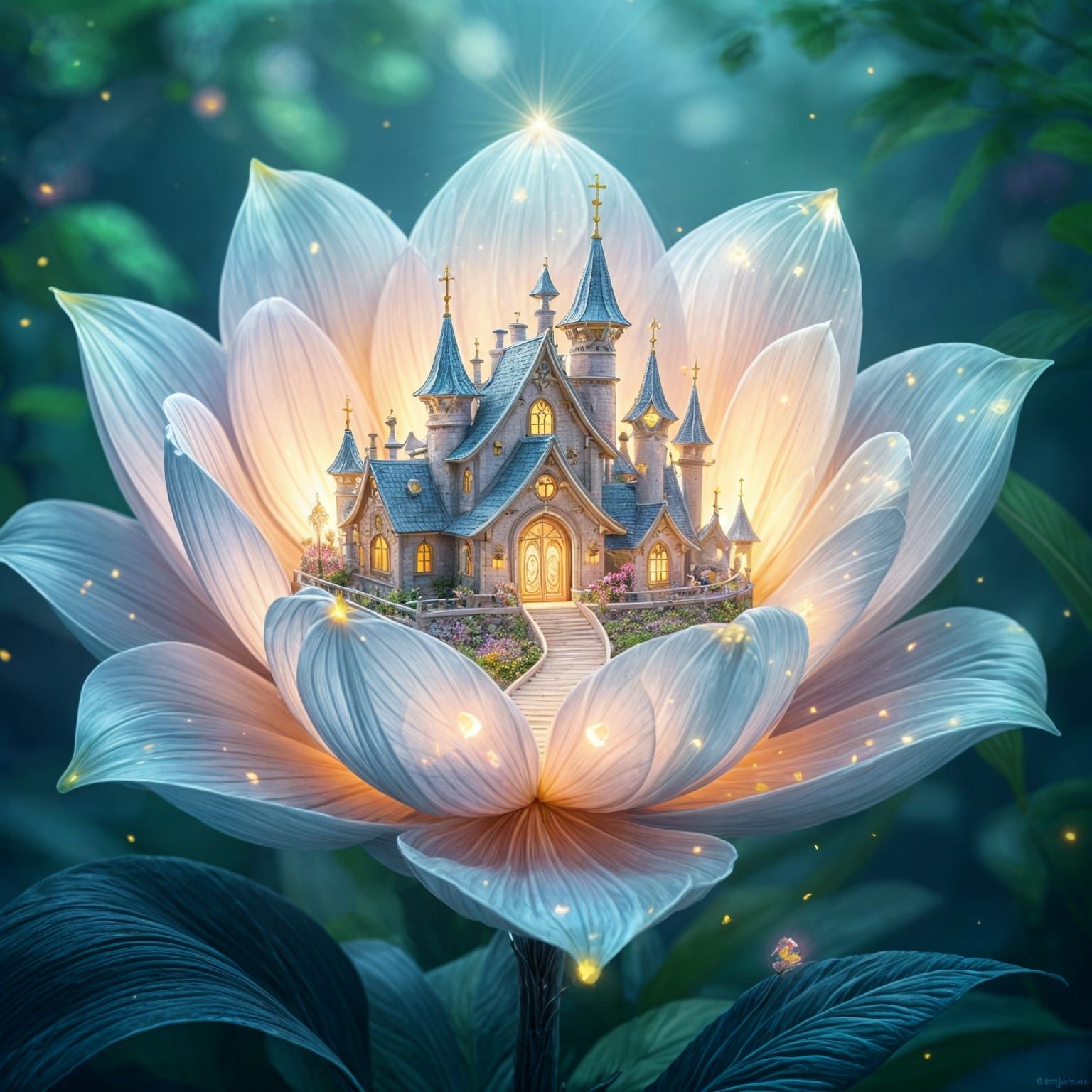 Fairy City Inside Giant Glowing Flower, Digital Matte Painti...