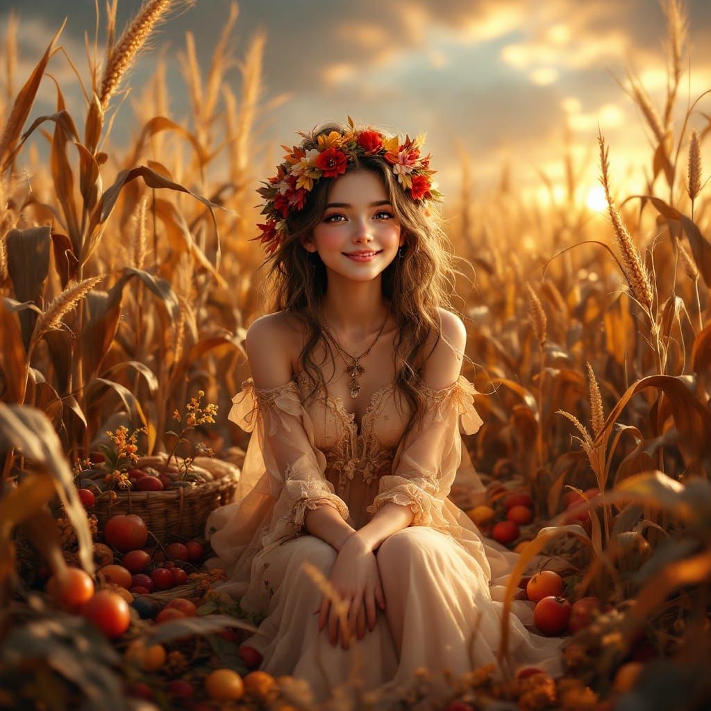 Whimsical Harvest Goddess in Enchanted Landscapes