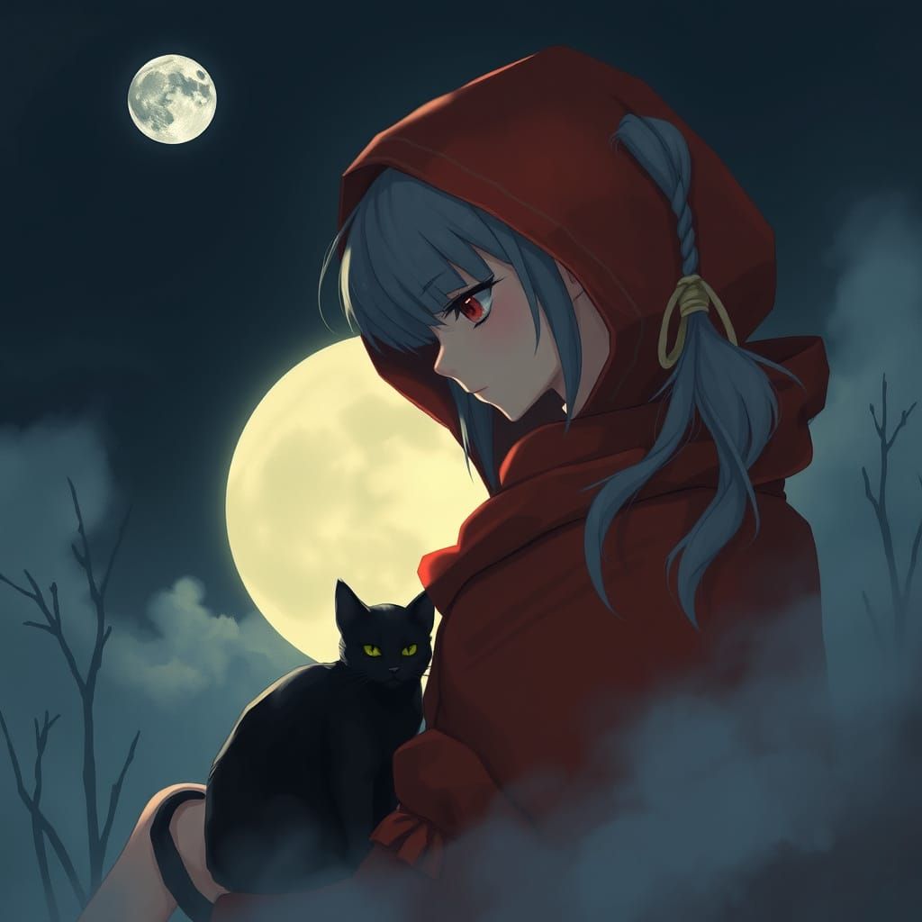Sonata with Gray Hair and Black Cat in Moonlight