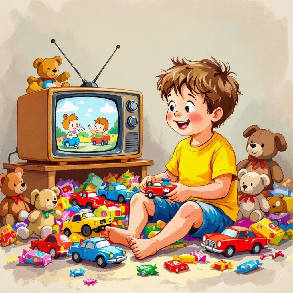 Whimsical Boy's Toy Pile: A Cartoon Illustration