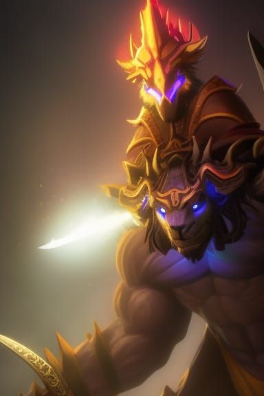 Blue-Skinned Sorcerer Portrait with Horns, Digital Art