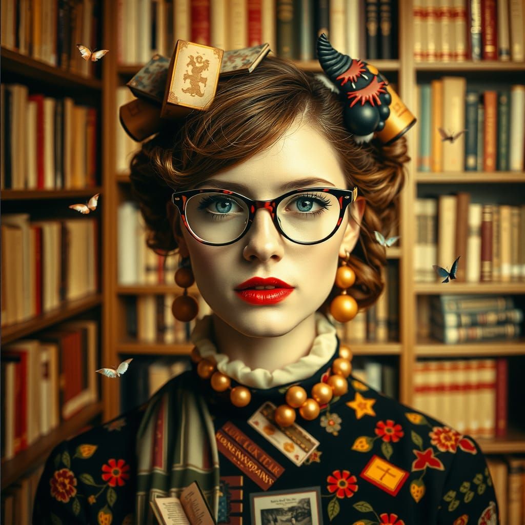 Whimsical Librarian Portrait in Mixed Media Collage