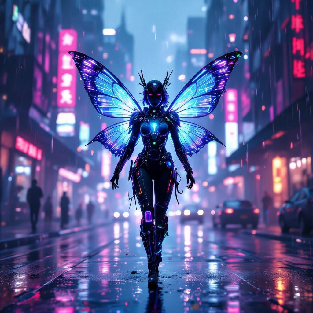 Bioluminescent Cyber Fairy in Futuristic Cityscape