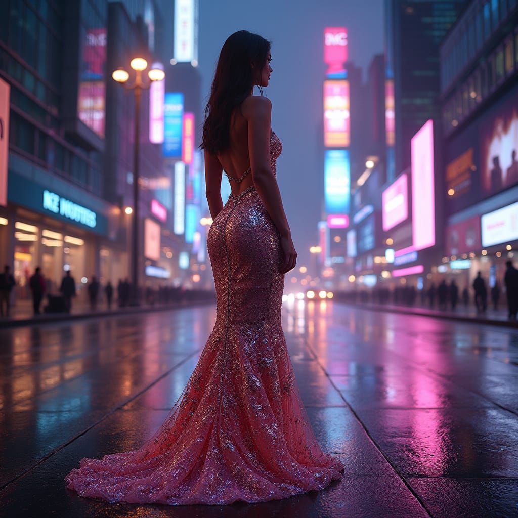 Glamorous City Goddess in Neon Evening Gown