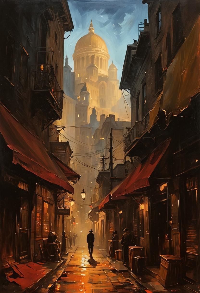 Noir Night Painting of Secrets and Danger